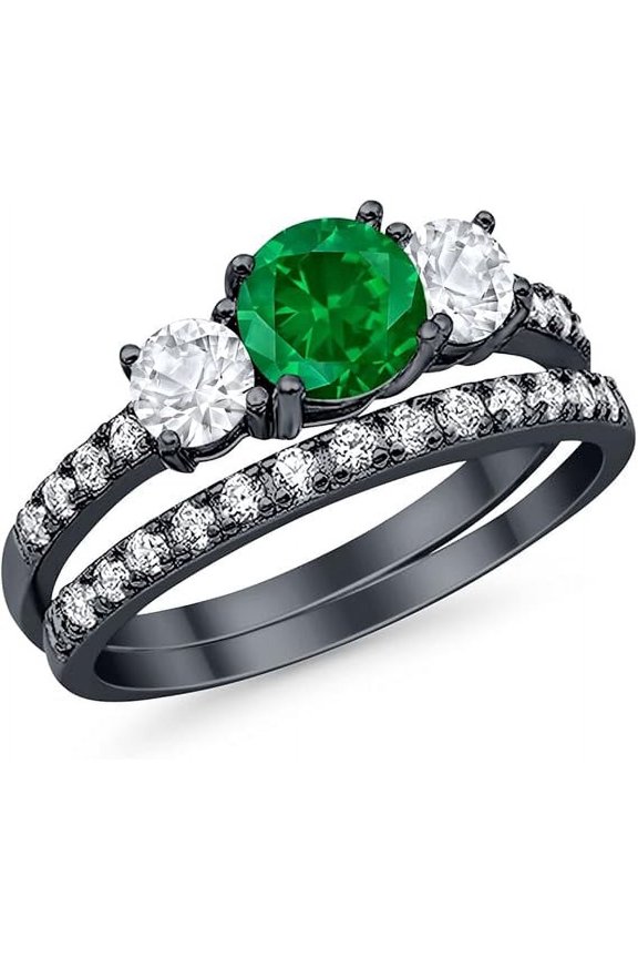 925 Sterling Silver 2.00 Ct Round Cut Green Emerald Engagement Wedding Christmas Thanksgiving Bridal Ring Set 14K Black Gold Plated For Women's -5