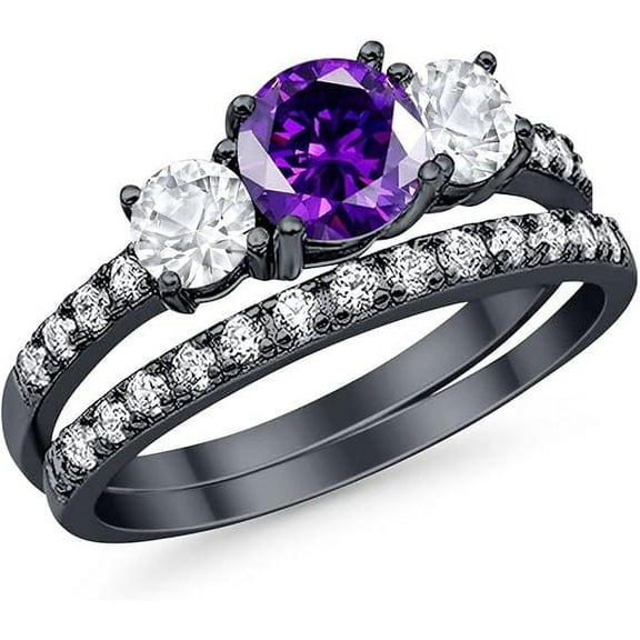 beryl_creation 925 Sterling Silver 2.00 Ct Round Cut Purple Amethyst Engagement Wedding Christmas Thanksgiving Bridal Ring Set 14K Black Gold Plated For Women's -5