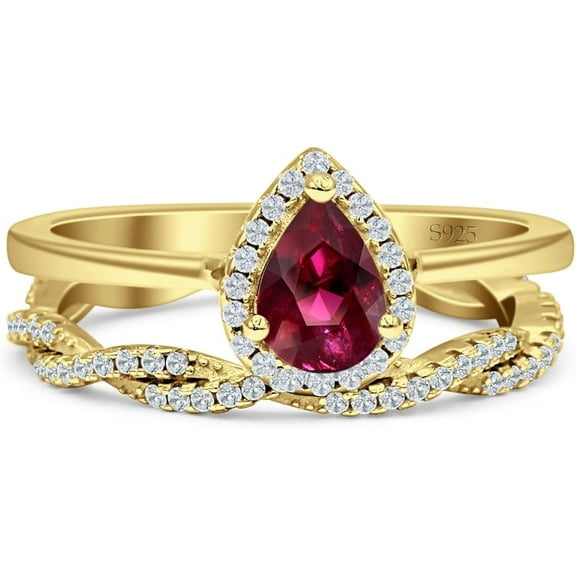 beryl_creation 925 Sterling Silver 2.35 Ct Pear Cut Red Ruby Wedding Christmas Thanksgiving Bridal Ring Set 14K Yellow Gold Plated For Women's -5