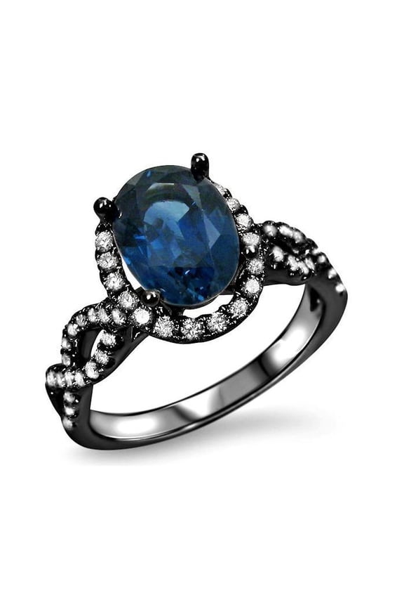 925 Sterling Silver 2.40 Ct Oval Cut Blue Sapphire Engagement Wedding Christmas Thanksgiving Halo Ring 14K Black Gold Plated For Women's -6.5