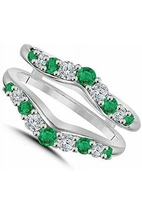 925 Sterling Silver 2.40 Ct Round Cut Diamond & Green Emerald Enhancer Wrap Guard Engagement Wedding Women's Ring 14k White Gold Finish