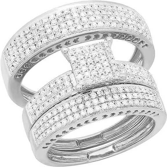 beryl_creation 925 Sterling Silver 2.55 Ct Round Cut White Diamond Wedding Engagement Band Trio Ring Set For Unisex 14K White Gold Plated -9