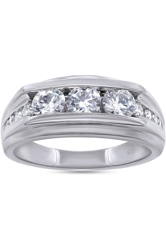 925 Sterling Silver 3.00 Ct Round Cut White Diamond Men's Engagement Wedding Three Stone Ring 14K White Gold Plated -6.5