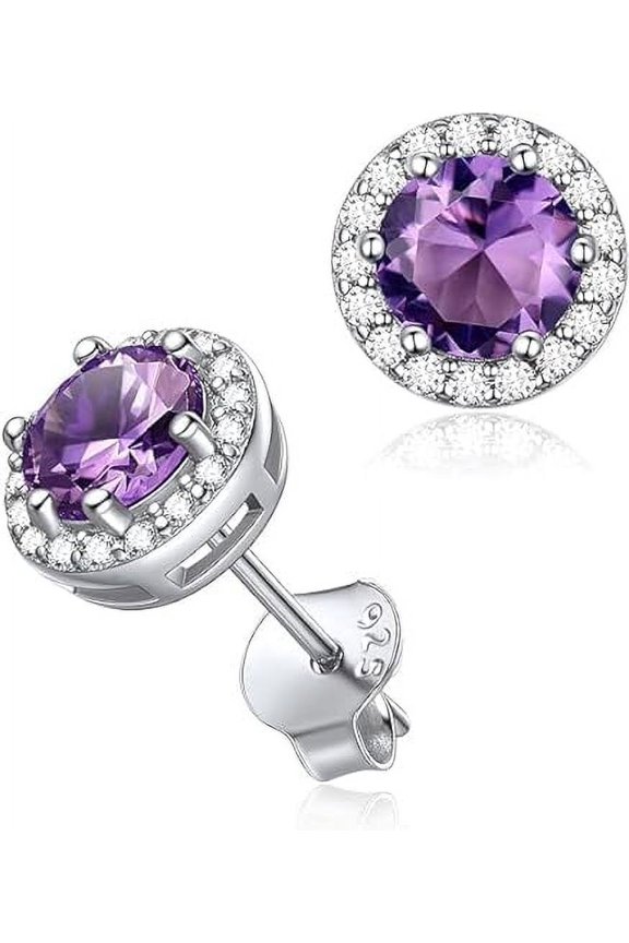 925 Sterling Silver2.00Ct Round Cut Purple Amethyst For Women's Stud Earring 14K White Gold Plated
