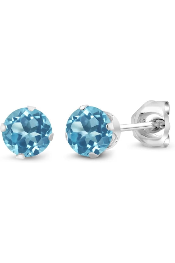 Gem Stone 14K White Gold Over 1.6 Ctw Round Blue Topaz Stud Earrings For Women