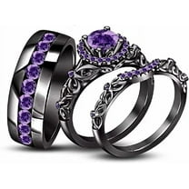 beryl_creation Unisex 1.15 Ct Round Cut Purple Amethyst Engagement Wedding Trio Ring Set 14K Black Gold Plated 925 Sterling Silver For Men's & Women's -6