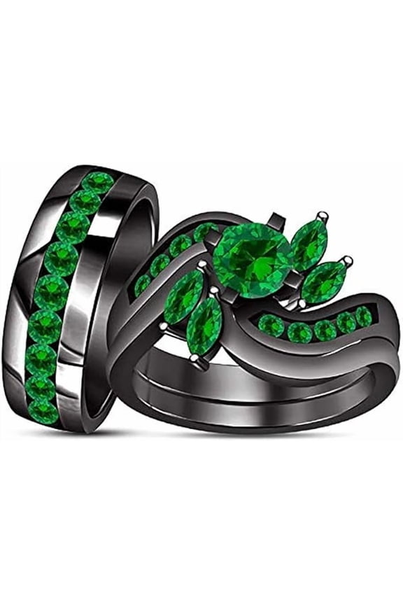 Unisex 925 Sterling Silver 1.25 Ct Round Cut Green Emerald Wedding Engagement Trio Ring Set 14K Black Gold Plated For Men's & Women's -10