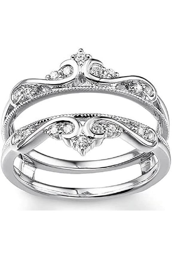 White Gold Plated Silver Solitaire Enhancer Simulated White Diamond Ring Guard Wrap Band-9.5