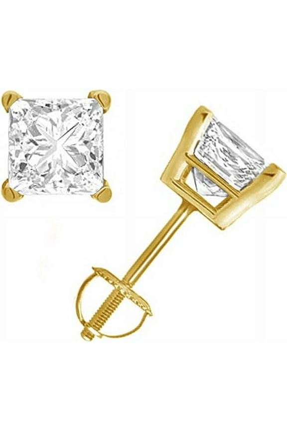 Women's 1.40 Ct Princess Cut White Diamond Stud Screw Back Earring's 14K Yellow Gold Plated 925 Sterling Silver