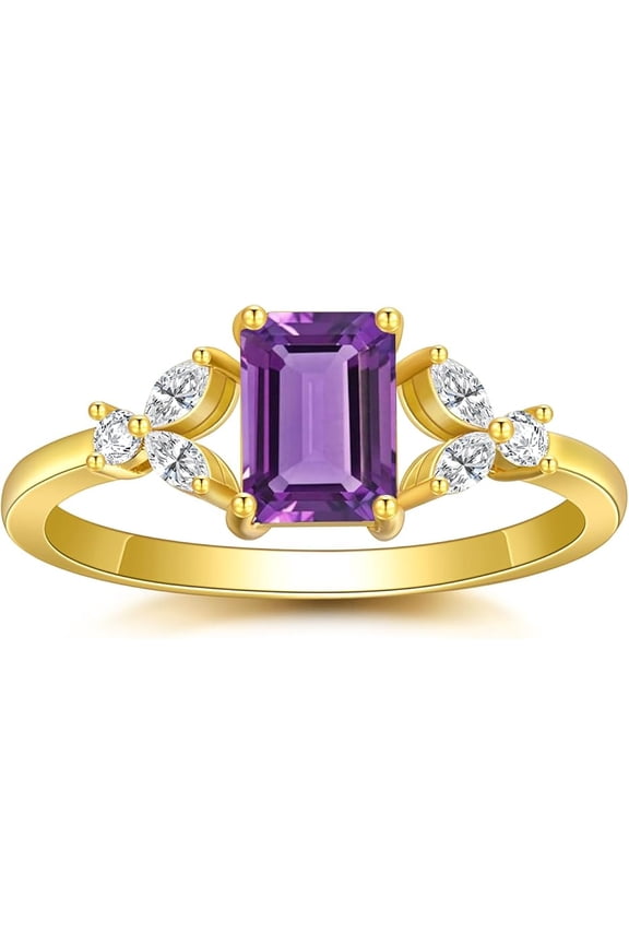 Women's 2.00 Ct Emerald Cut Purple Amethyst Christmas Thanksgiving Engagement Wedding Halo Ring 14K Yellow Gold Plated 925 Sterling Silver -10