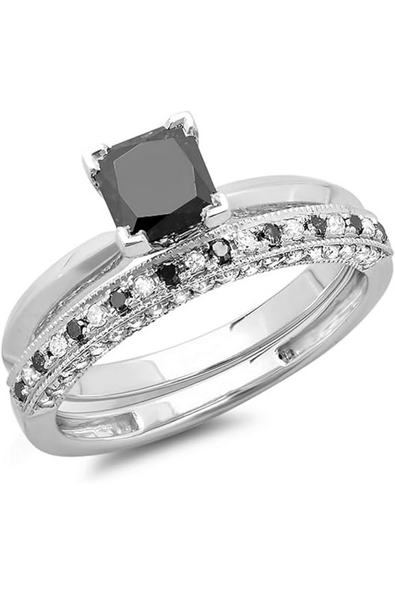 Women's 925 Sterling Silver 1.42 Ct Princess Cut Black Diamond Wedding Engagement Five Stone Bridal Ring Set 14K White Gold Plated -9.5