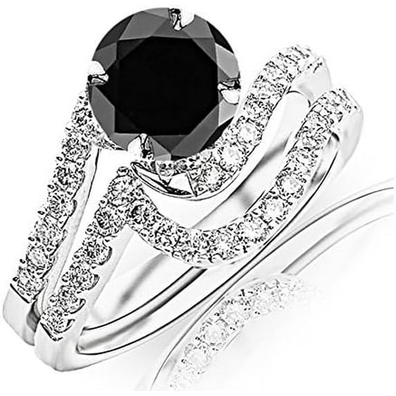 beryl_creation Women's 925 Sterling Silver 1.45 Ct Round Cut Black Diamond Wedding Engagement Bridal Ring Set 14K White Gold Plated -9.5