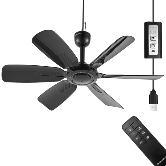 bestmoument 17.7" Inch Portable Ceiling Fan with Remote Control Timing 3 Speed,USB Plug In,5V DC Powered,6 Blades,Indoor/Outdoor RV Camping Tent Canopy,Gazebo,Beach,Hanging,Quiet,black