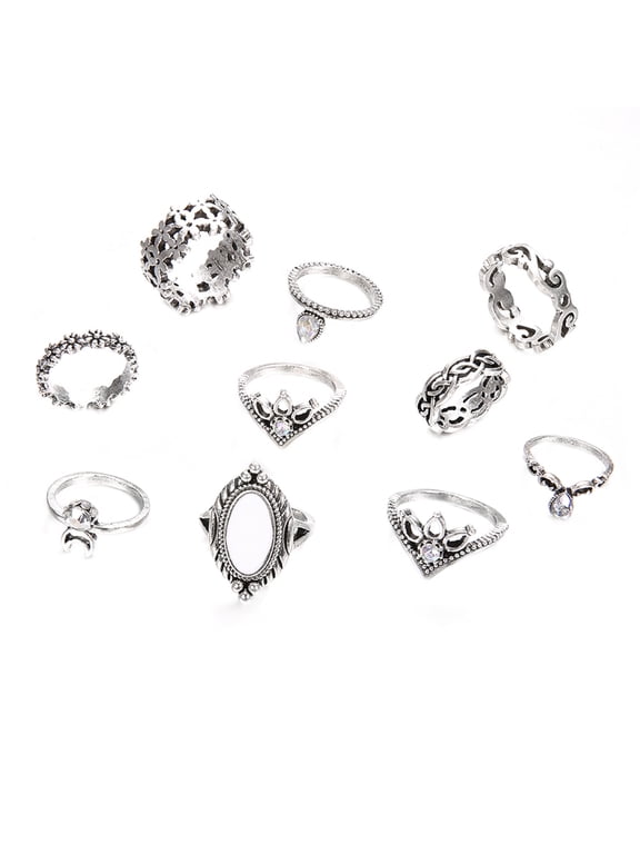 10Pcs Women Retro Faux Opal Rhinestone Knuckle Midi Finger Stacking Joint Ring