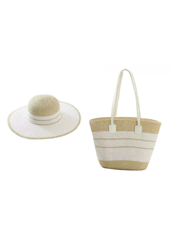 2Pcs/Set Hat Tote Bag Set Striped Print Wide Brim Straw Hat Handmade Rattan Tote Bag Set Summer Beach Sun Hat Picnic Bag Set