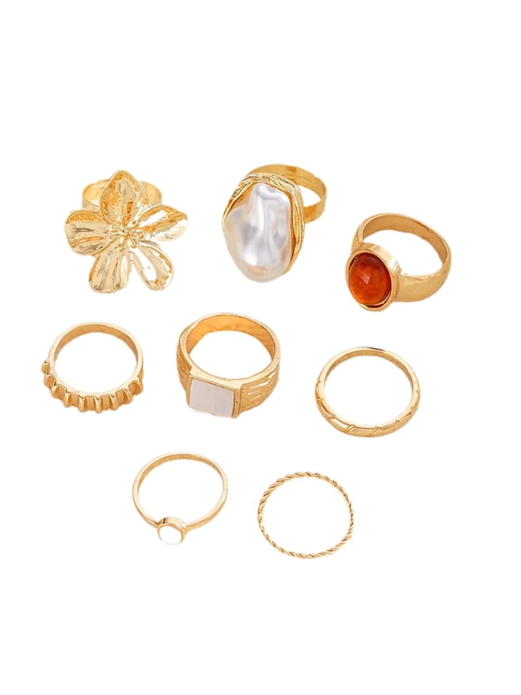 8Pcs/Set Women Stackable Rings Elegant Flower Irregular Faux Pearl Ring Retro Faux Gem Ring Jewelry for Parties Dates Gifts