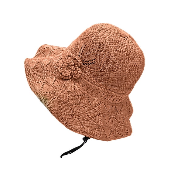 bestolf Fisherman Hat Three-Dimensional Flower Decoration Summer Sun Hat Hollow Crochet Large Brim Sun Protection Hat (Caramel )
