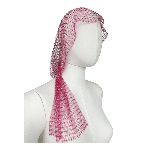 bestolf Fishnet Hat Sparkling Rhinestones Elastic Mesh Headband with Geometric Pattern Summer Beach Party Nightclub Rave Hair Accessory (Rose Red 90 cm)