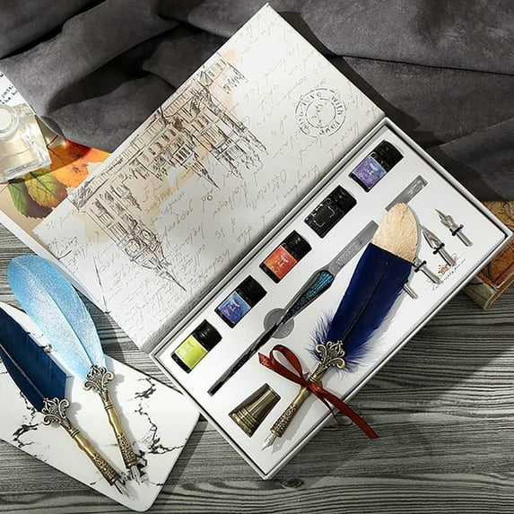 bestolf Glass Dip Signature Fountain Pen Faux Crystal Feather Design Writing Decor Set
