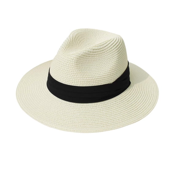 bestolf Panama Hat Women Men Wide Brim Straw Beach Hat Ribbon Decor Elastic Fit Summer Sun Hat Vacation Accessory (Milky White )