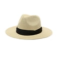 thumbnail image 1 of bestolf Panama Hat Women Men Wide Brim Straw Beach Hat Ribbon Decor Elastic Fit Summer Sun Hat Vacation Accessory (Beige ), 1 of 8