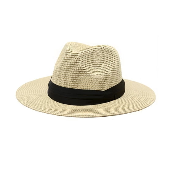 bestolf Panama Hat Women Men Wide Brim Straw Beach Hat Ribbon Decor Elastic Fit Summer Sun Hat Vacation Accessory (Beige )