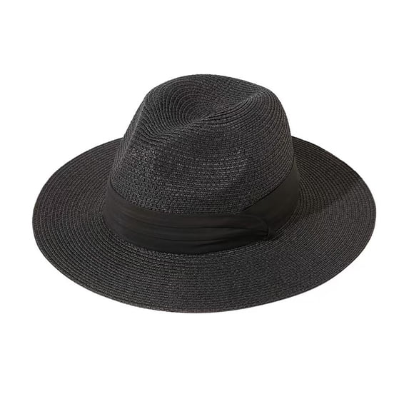 bestolf Panama Hat Women Men Wide Brim Straw Beach Hat Ribbon Decor Elastic Fit Summer Sun Hat Vacation Accessory (Black )