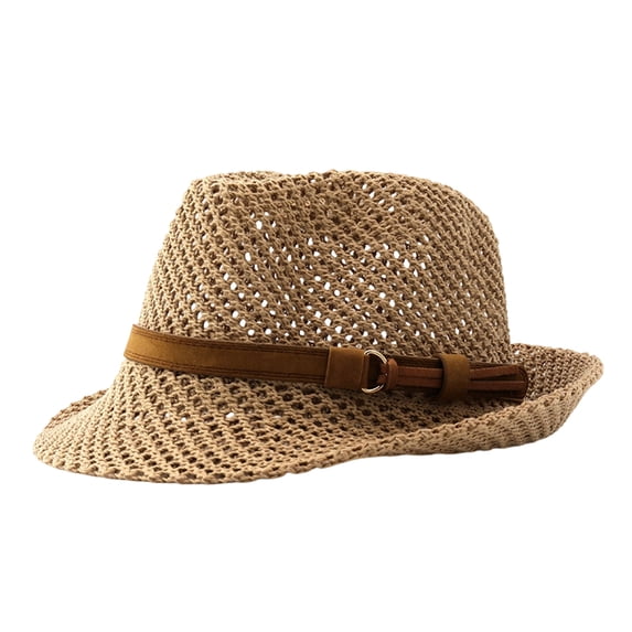 bestolf Summer Sun Protection Jazz Hat, Hand-Knitted Mesh Hat, Hand-made Hollow Braided Hat with Belt Decor (Khaki )