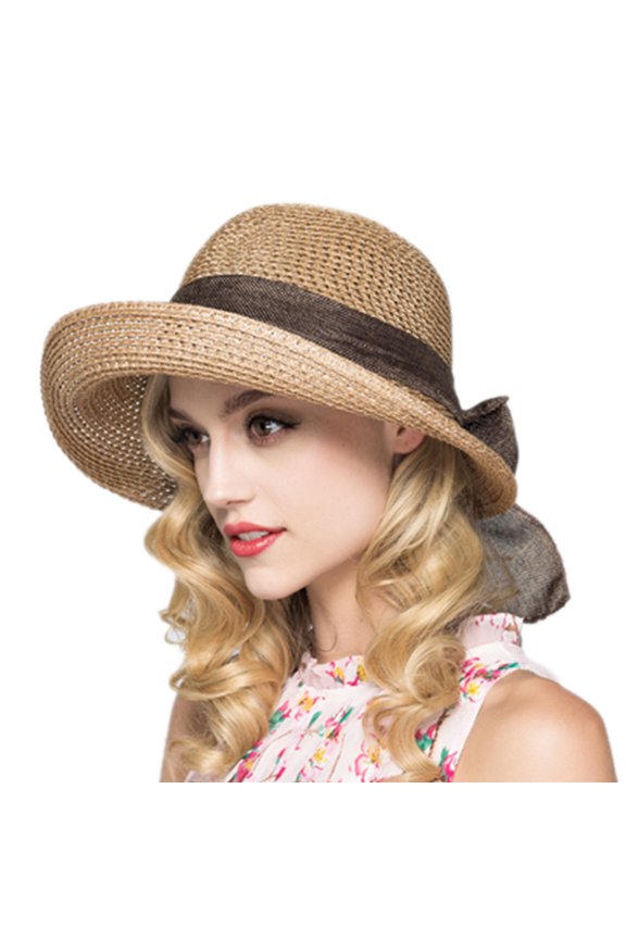 Summer Wide Brim Sun Hat Sunscreen Cap Bow Foldable Solid Color Straw Hat