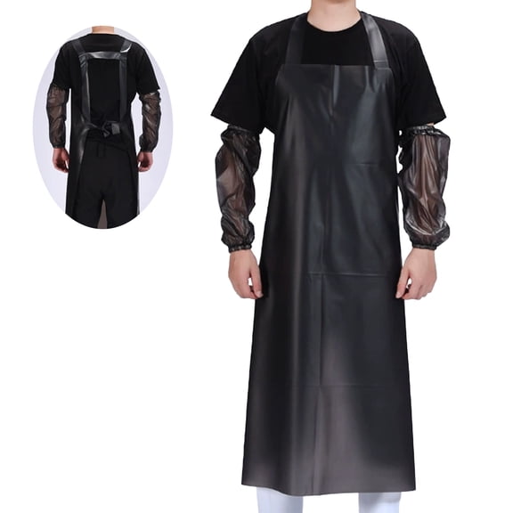 bestolf Waterproof Oil-Proof TPU Bib Apron with Sleeves Oil Resistant Chef Apron Plastic Apron for Seafood Processing Kitchen Food Factory (Black B)