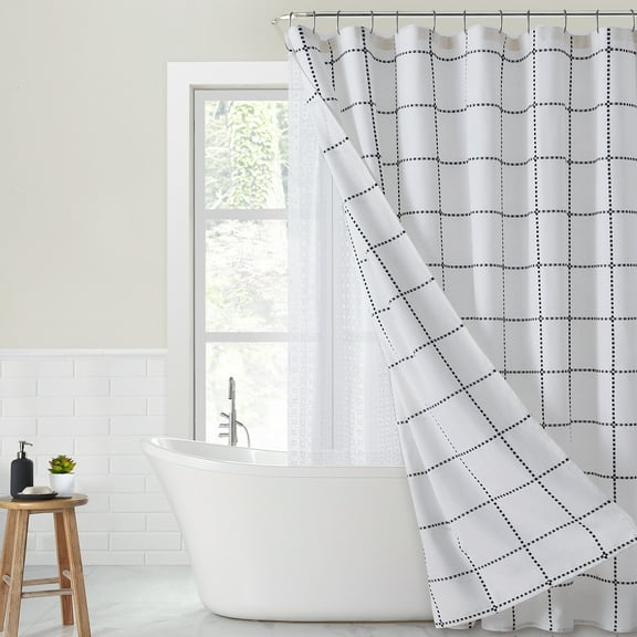 better Homes & Gardens Farmhouse 14 Piece Windowpane Cotton/PEVA Shower Curtain with Shower Liner & Curtain Hooks, 72 in x 72 in, White/Black