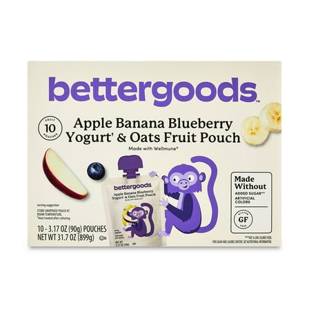 bettergoods Apple Banana Blueberry Yogurt & Oats Fruit Applesauce Pouches, 3.17 oz, 10 Count Carton