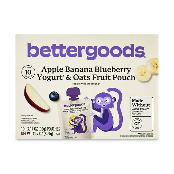 bettergoods Apple Banana Blueberry Yogurt & Oats Fruit Applesauce Pouches, 3.17 oz, 10 Count