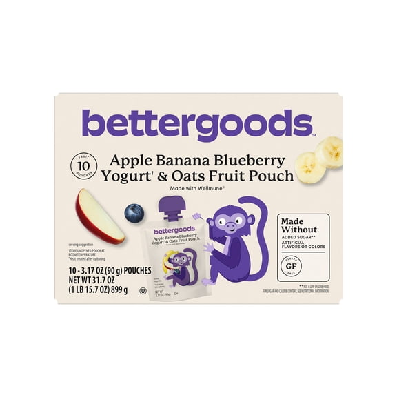bettergoods Apple Banana Blueberry Yogurt & Oats Fruit Applesauce Pouches, 3.17 oz, 10 Count