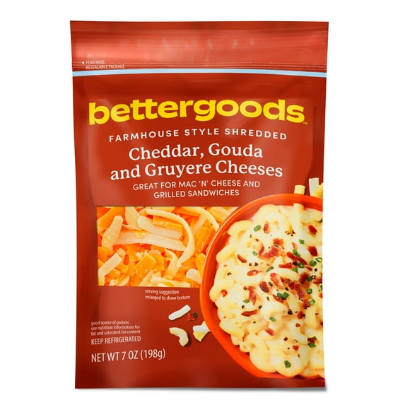 bettergoods Farmhouse Style Shredded Cheddar, Gouda, and Gruyere Cheeses, 7 oz