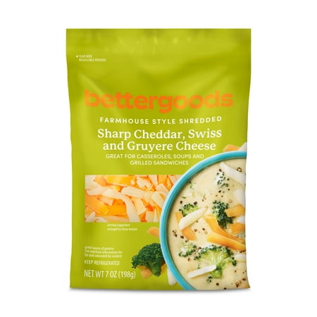 bettergoods Sharp Cheddar, Swiss, and Gruyere Farmhouse Style Shredded Cheeses, 7 oz Bag