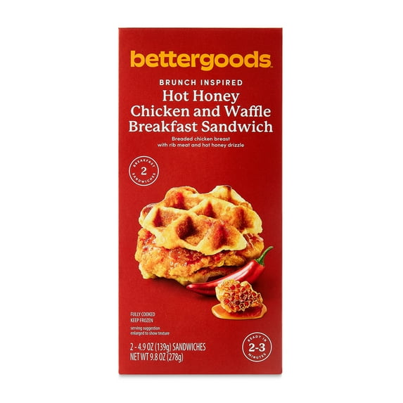 bettergoods Hot Honey Chicken and Waffle Breakfast Sandwich, 4.9 oz, 2 Count (Frozen)