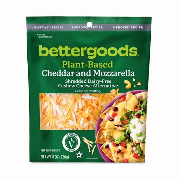 bettergoods Plant-Based Cheddar and Mozzarella Shredded Dairy-Free Cashew Cheese Alternative, 8 oz