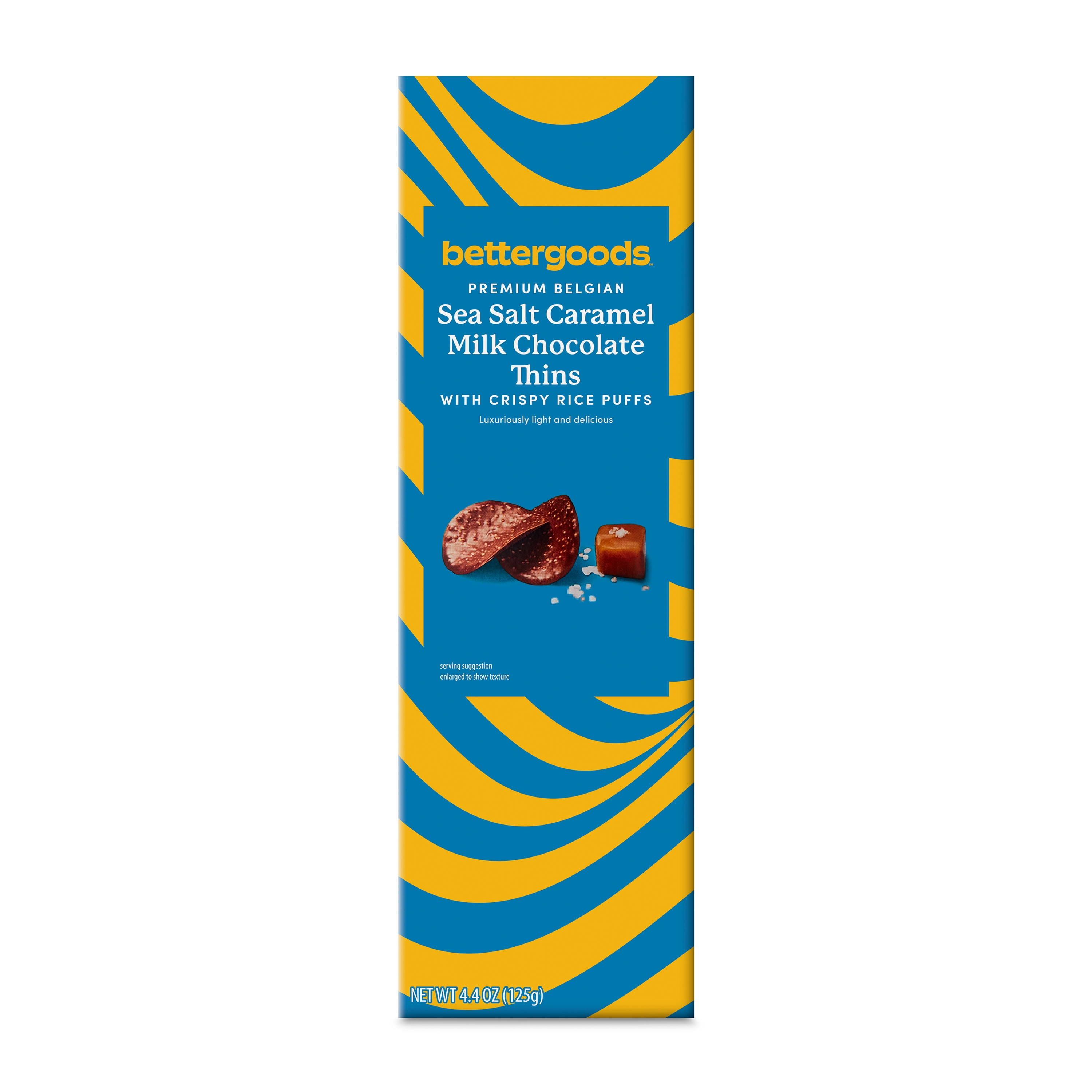 bettergoods Premium Belgian Sea Salt Caramel Milk Chocolate Thins with Crispy Rice Puffs, 4.4 oz