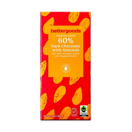 bettergoods Premium Swiss 60% Dark Chocolate Bar with Almonds, 3.5 oz