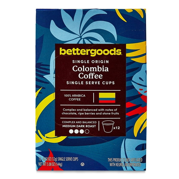 bettergoods Single Origin Colombia Coffee, Medium Dark Roast, Single Serve Cups, 0.42 oz, 12 Count