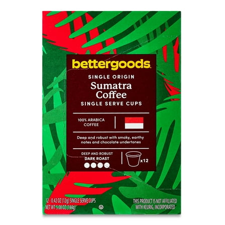 bettergoods Single Origin Sumatra Coffee, Dark Roast, Single Serve Cups, 0.42 oz, 12 Count