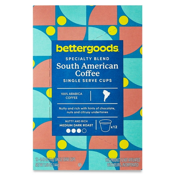 bettergoods Specialty Blend South American Coffee, Medium Dark Roast, Single Serve Cups, 0.42 oz, 12 Count