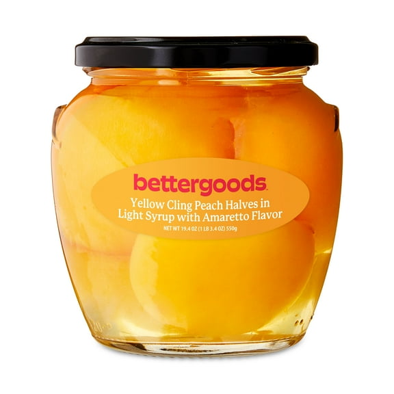 bettergoods Yellow Cling Peach Halves in Light Syrup with Amaretto Flavor, 20 oz