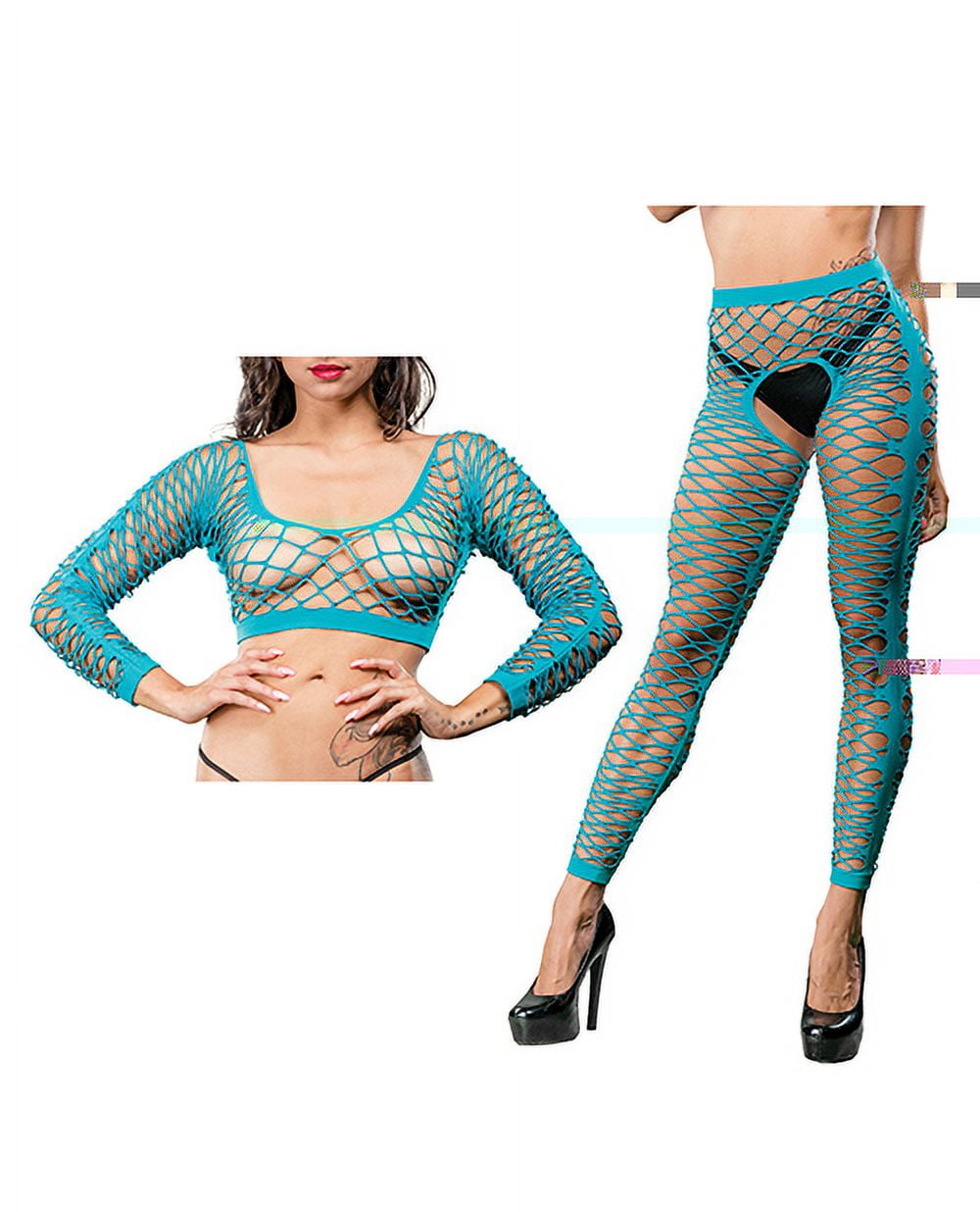 Beverly Hills Naughty Girl Crotchless Front Mesh And Side Design Leggings Turquoise Os 2890