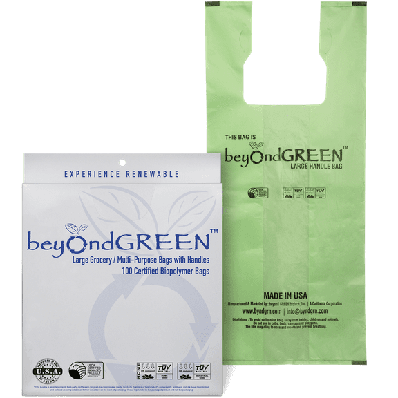 beyondGREEN Plant-Based Large Take Out / Grocery / Multi-Purpose Bags with Handles – 100 Green Bags - 10" x 20"