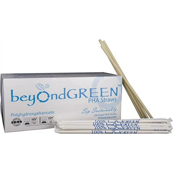 beyondGREEN Plant-Based PHA Disposable Drinking Straws - Individually Wrapped - 200 White Giant Straws – 10.25" x 0.24"
