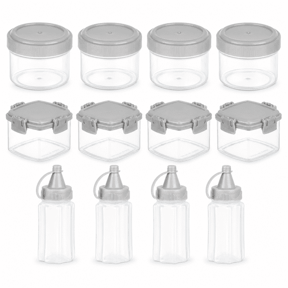 ABCISI Mini Condiment Containers 12 Pack, Portable Sauce and Seasoning Box Set with 4 Round Jars, 4 Locking Square Boxes and 4 Squeeze Bottles for Lunch, Travel, Picnic and BBQ