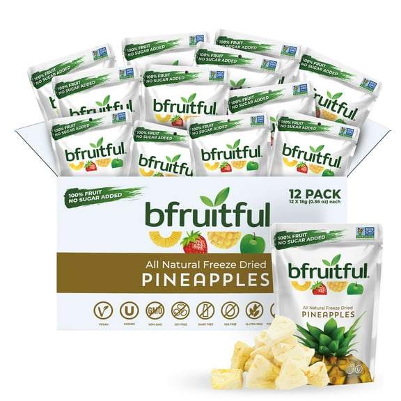 bfruitful Freeze-Dried Pineapples, Gluten Free Dried Fruits, 12-Count Single Serve Bags