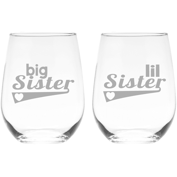 C&M Personal Gifts 17 oz Big Sister and Lil Sister Gift for Women Stemless Wine Glasses Set of 2